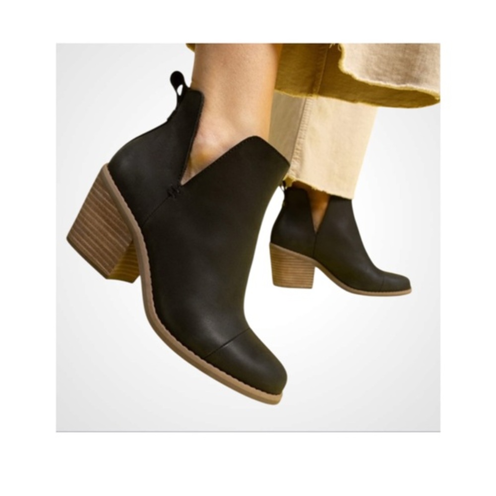 Toms Black Ankle Booties with Stacked Wood-Look Heel